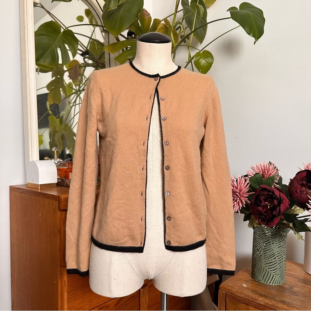 croft & barrow Camel Cardigan Jacket with Black Trim 100% cashmere